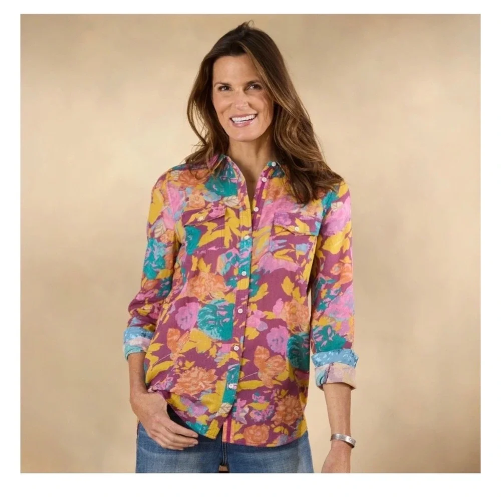 Sundance Floral Joy Colorful Button Down Shirt Boho Western Cottagecore Cotton
